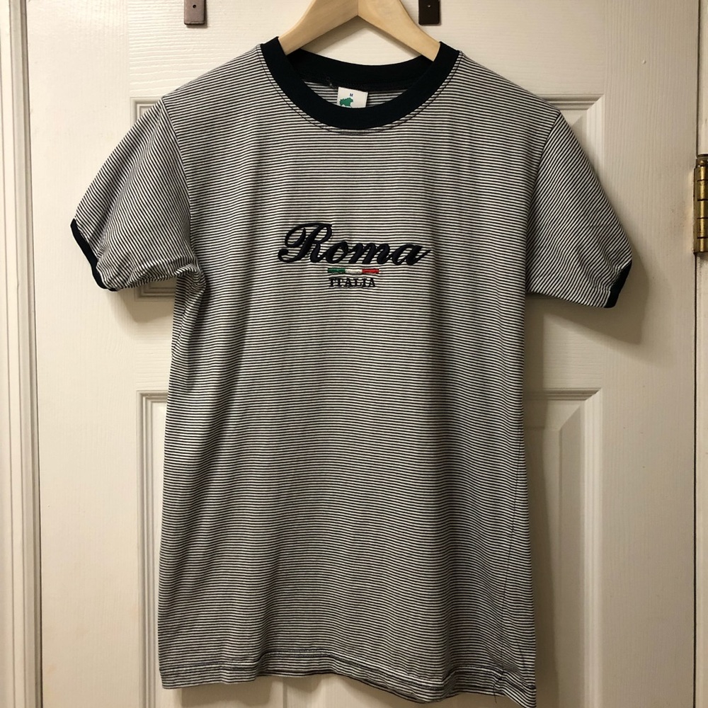 Authentic, Striped “Roma, Italia” Tee, Size Medium
